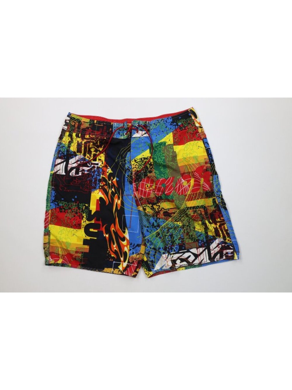 Vtg 90s Y2K Streetwear Mens 36 Abstract Graffiti Fire Flames Surf Board Shorts